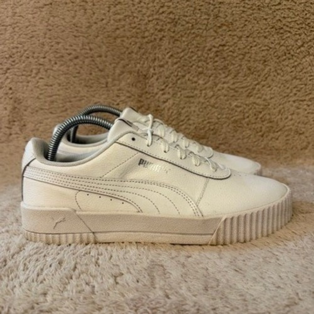 Puma Carina White Leather Platform Sneakers Womens 10 Low Top Trainers 370325-02
